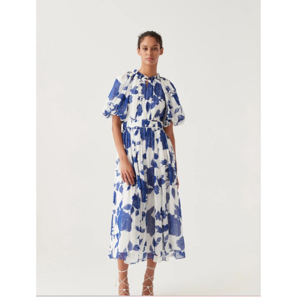 Aje Elysium Blouson Blue Floral Midi Dress 10